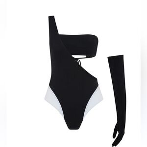 LETS SWIM BLACK AND WHITE ONE SHOULDER BANDEAU SWIM